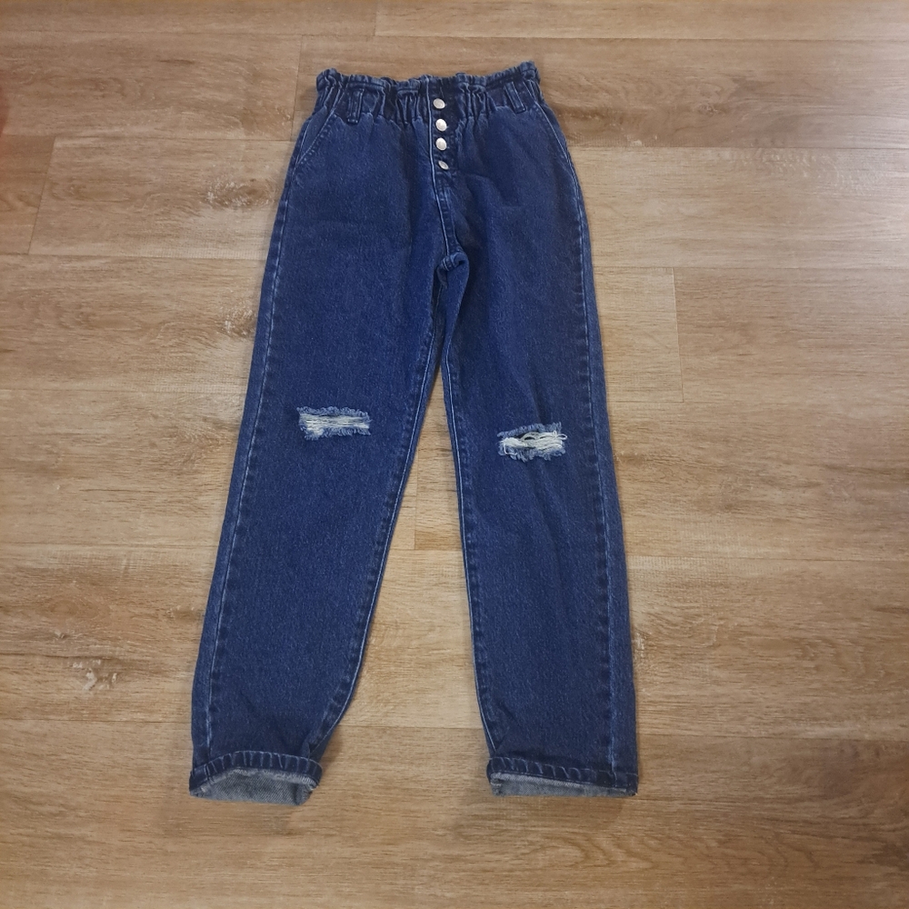 Forever 21 Blue Denim Elastic High-Waist Distressed Jeans Girls Size 11/12 NWOT